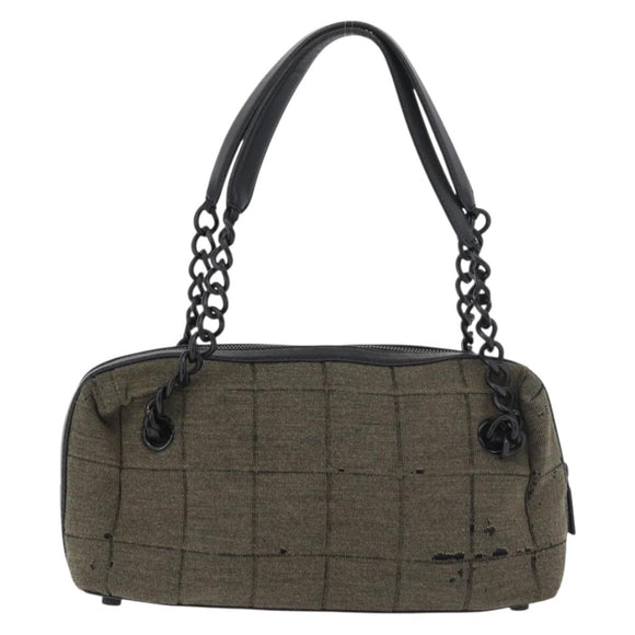 CHANEL Choco Bar Chain Tote Bag Knitted Fabrics Gray CC Auth BA12712