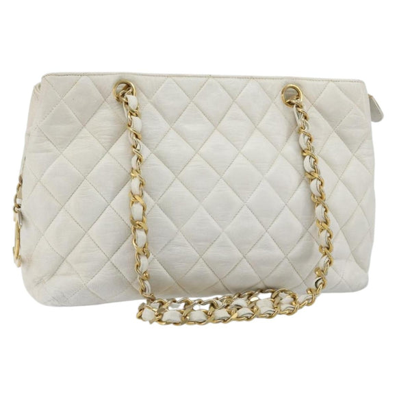 CHANEL Chain Shoulder Bag Lamb Skin White Gold CC Auth BA12714