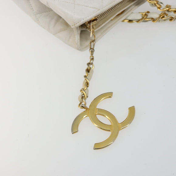CHANEL Chain Shoulder Bag Lamb Skin White Gold CC Auth BA12714