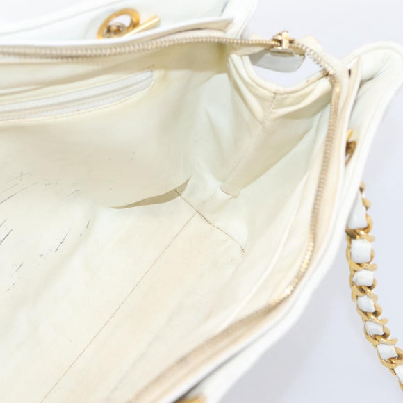 CHANEL Chain Shoulder Bag Lamb Skin White Gold CC Auth BA12714