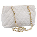 CHANEL Chain Shoulder Bag Lamb Skin White Gold CC Auth BA12714-1