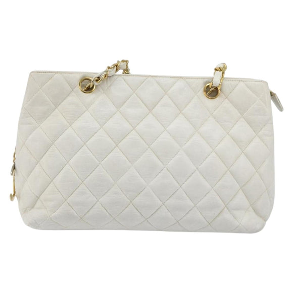 CHANEL Chain Shoulder Bag Lamb Skin White Gold CC Auth BA12714