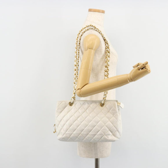 CHANEL Chain Shoulder Bag Lamb Skin White Gold CC Auth BA12714