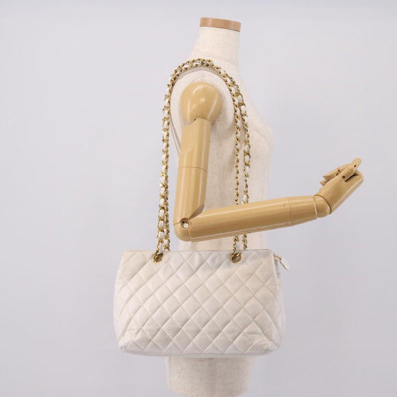 CHANEL Chain Shoulder Bag Lamb Skin White Gold CC Auth BA12714