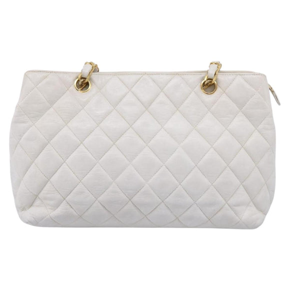 CHANEL Chain Shoulder Bag Lamb Skin White Gold CC Auth BA12714