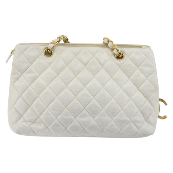 CHANEL Chain Shoulder Bag Lamb Skin White Gold CC Auth BA12714