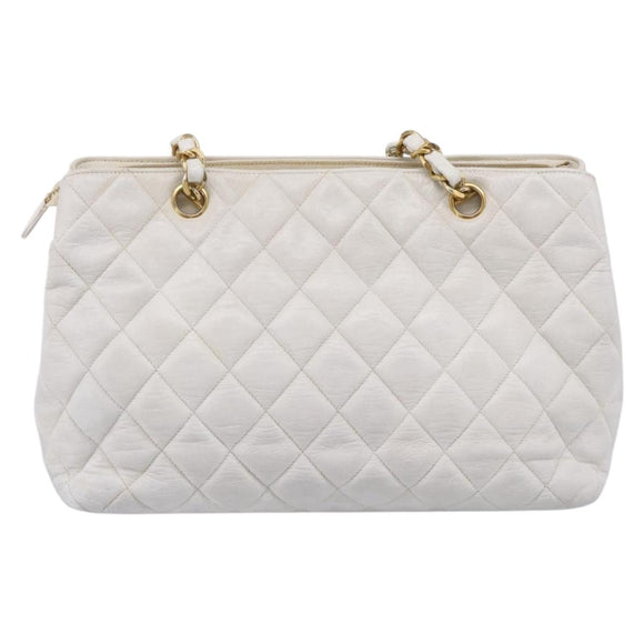 CHANEL Chain Shoulder Bag Lamb Skin White Gold CC Auth BA12714