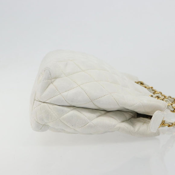 CHANEL Chain Shoulder Bag Lamb Skin White Gold CC Auth BA12714