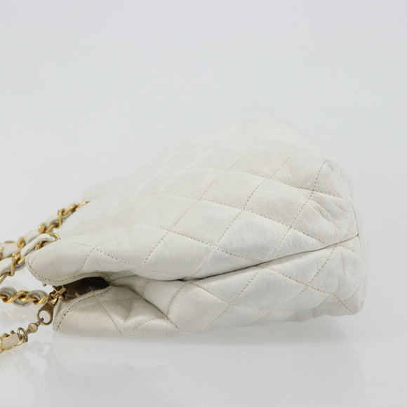 CHANEL Chain Shoulder Bag Lamb Skin White Gold CC Auth BA12714