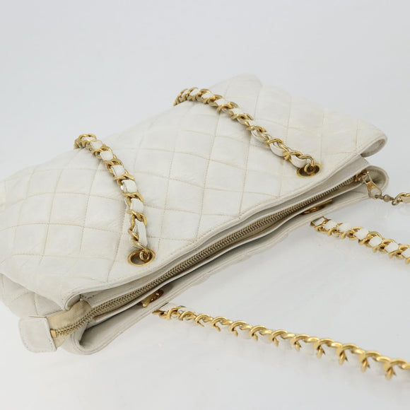 CHANEL Chain Shoulder Bag Lamb Skin White Gold CC Auth BA12714