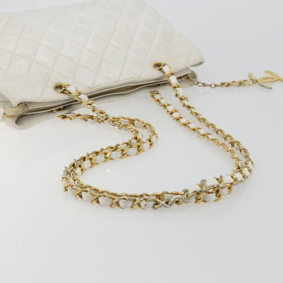 CHANEL Chain Shoulder Bag Lamb Skin White Gold CC Auth BA12714