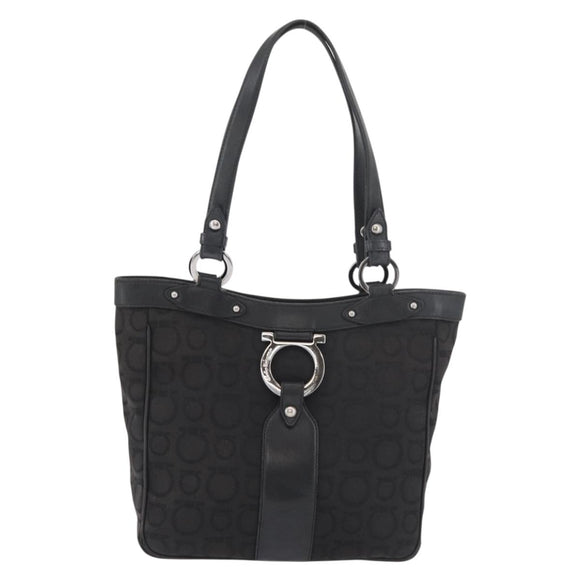 Salvatore Ferragamo Gancini Tote Bag Canvas Black Silver Auth BA12719