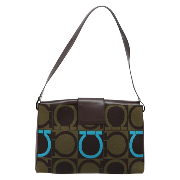 Salvatore Ferragamo Gancini Bag Knitted Fabrics Brown Silver Auth BA12720