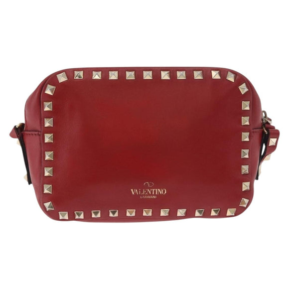 VALENTINO Rock Studs Shoulder Bag Leather Red Gold Auth BA12744