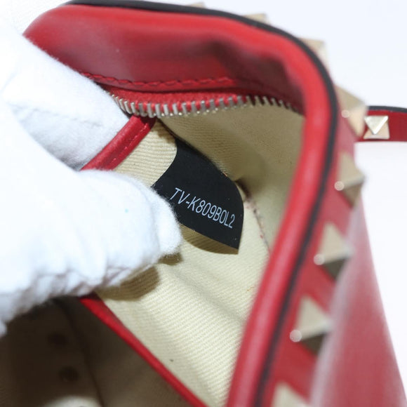VALENTINO Rock Studs Shoulder Bag Leather Red Gold Auth BA12744