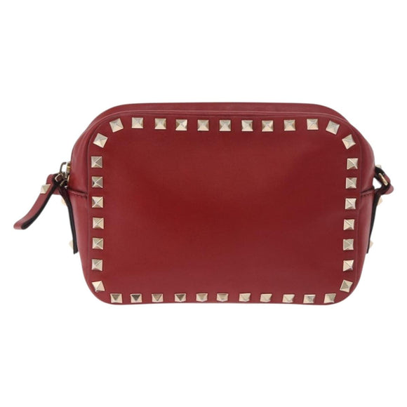 VALENTINO Rock Studs Shoulder Bag Leather Red Gold Auth BA12744