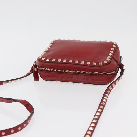 VALENTINO Rock Studs Shoulder Bag Leather Red Gold Auth BA12744