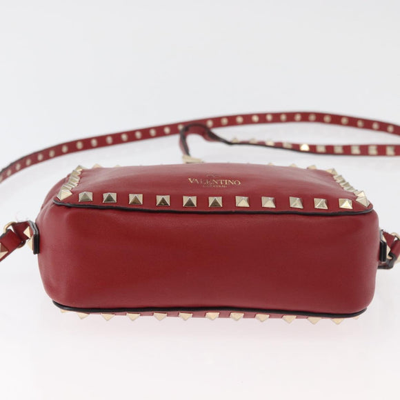 VALENTINO Rock Studs Shoulder Bag Leather Red Gold Auth BA12744
