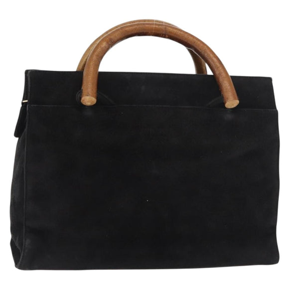 PRADA Wood Handle Hand Bag Suede Black Gold Auth BA12770
