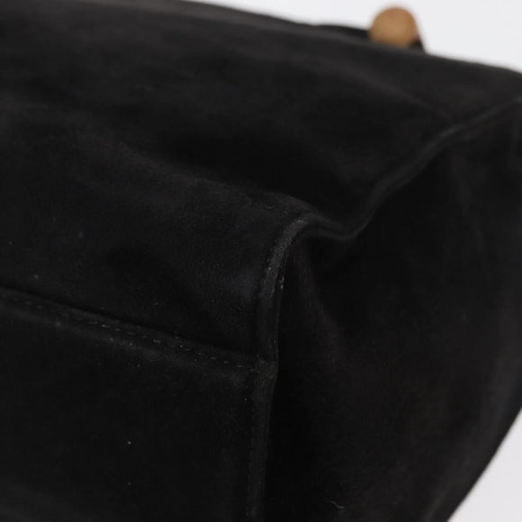 PRADA Wood Handle Hand Bag Suede Black Gold Auth BA12770