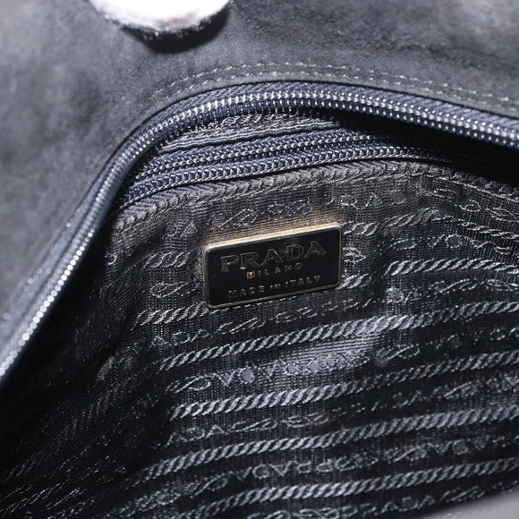 PRADA Wood Handle Hand Bag Suede Black Gold Auth BA12770