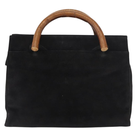 PRADA Wood Handle Hand Bag Suede Black Gold Auth BA12770