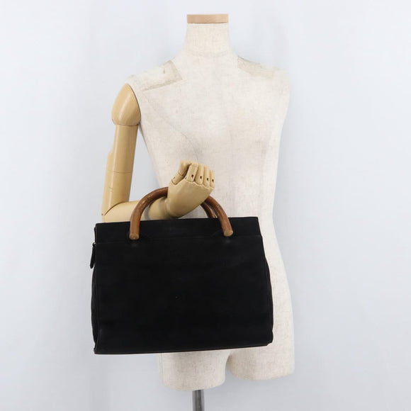PRADA Wood Handle Hand Bag Suede Black Gold Auth BA12770