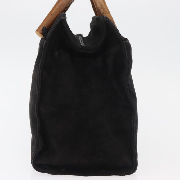 PRADA Wood Handle Hand Bag Suede Black Gold Auth BA12770