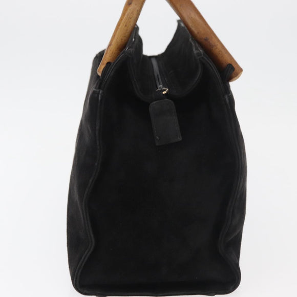 PRADA Wood Handle Hand Bag Suede Black Gold Auth BA12770