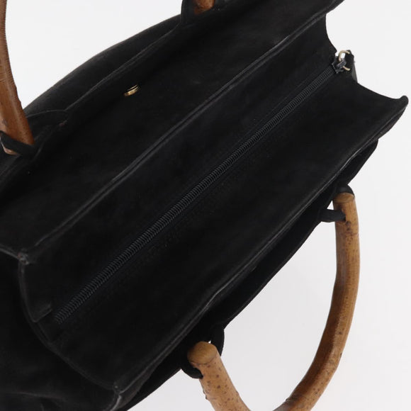 PRADA Wood Handle Hand Bag Suede Black Gold Auth BA12770