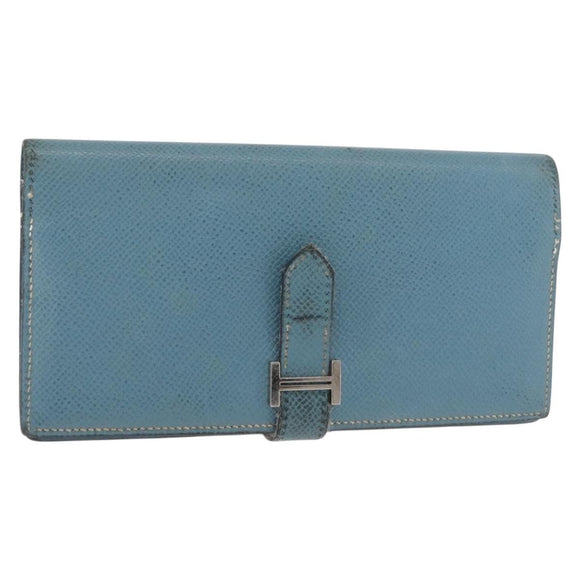 HERMES Bane Souffle Lange Portemonnee Leer Lichtblauw Zilver Auth BA12783