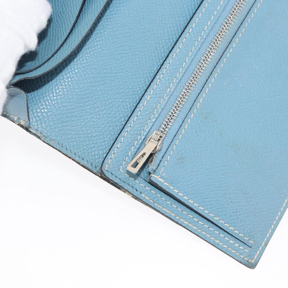 HERMES Bane Souffle Lange Portemonnee Leer Lichtblauw Zilver Auth BA12783