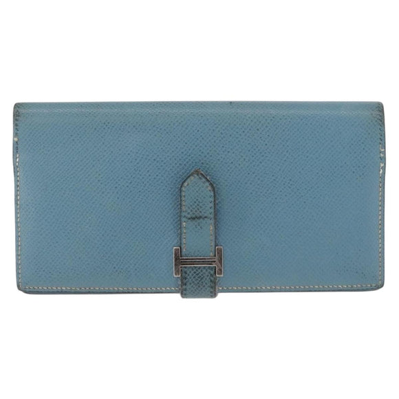 HERMES Bane Souffle Lange Portemonnee Leer Lichtblauw Zilver Auth BA12783