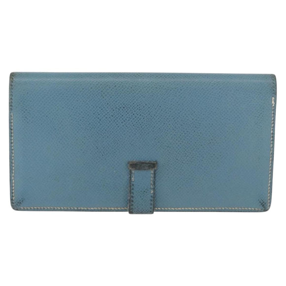 HERMES Bane Souffle Lange Portemonnee Leer Lichtblauw Zilver Auth BA12783