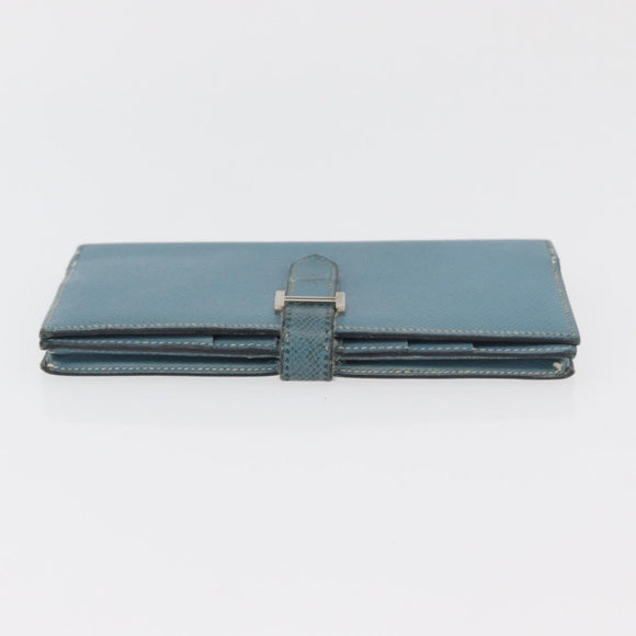 HERMES Bane Souffle Lange Portemonnee Leer Lichtblauw Zilver Auth BA12783