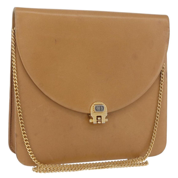 Christian Dior Ketten-Schultertasche Leder Beige Gold Auth BA12791