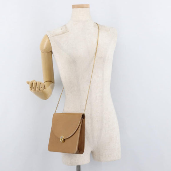 Christian Dior Ketten-Schultertasche Leder Beige Gold Auth BA12791