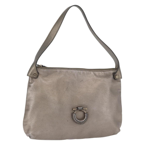 Salvatore Ferragamo Gancini Shoulder Bag Leather Silver Auth BA12795A