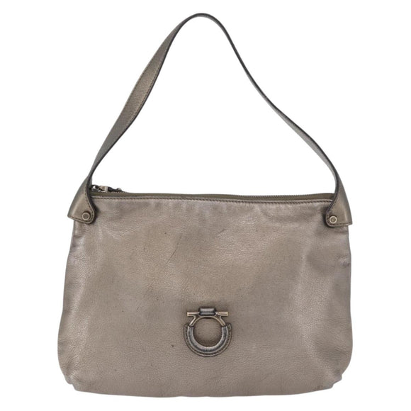 Salvatore Ferragamo Gancini Shoulder Bag Leather Silver Auth BA12795A