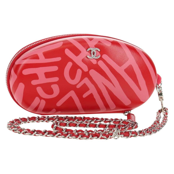 CHANEL Chain Pouch Shoulder Bag Leather Red Silver CC Auth BA12817SAM