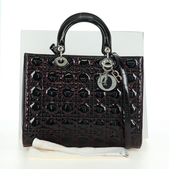 Christian Dior Lady Dior Canage Large Bag Patent 2way Black Auth BA12820SAV