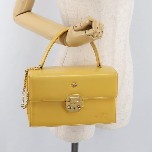 Gianni Versace Vanity Hand Bag Leather Yellow Gold Auth BA12828