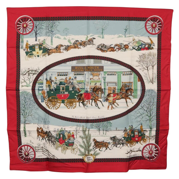 HERMES Carre 90 Scarf ""L'HIVER EN POSTE"" Silk Red Auth BA12838V