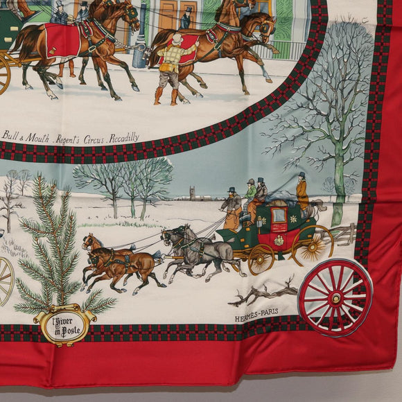 HERMES Carre 90 Scarf ""L'HIVER EN POSTE"" Silk Red Auth BA12838V