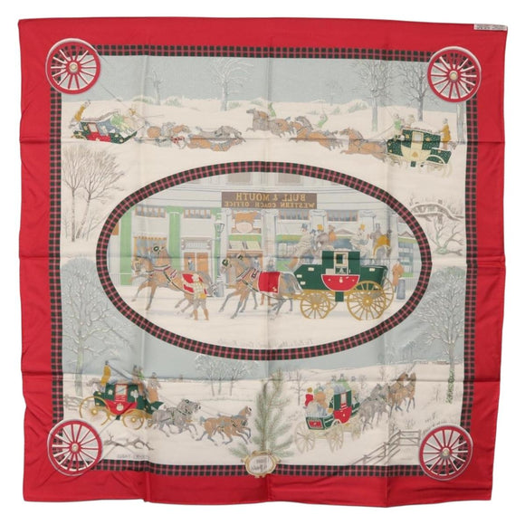 HERMES Carre 90 Scarf ""L'HIVER EN POSTE"" Silk Red Auth BA12838V