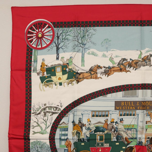 HERMES Carre 90 Scarf ""L'HIVER EN POSTE"" Silk Red Auth BA12838V