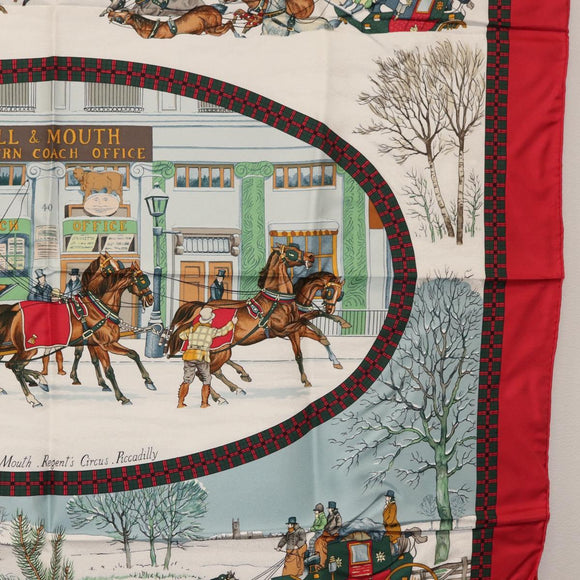 HERMES Carre 90 Scarf ""L'HIVER EN POSTE"" Silk Red Auth BA12838V