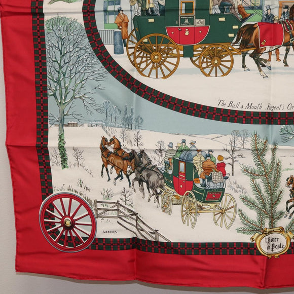 HERMES Carre 90 Scarf ""L'HIVER EN POSTE"" Silk Red Auth BA12838V