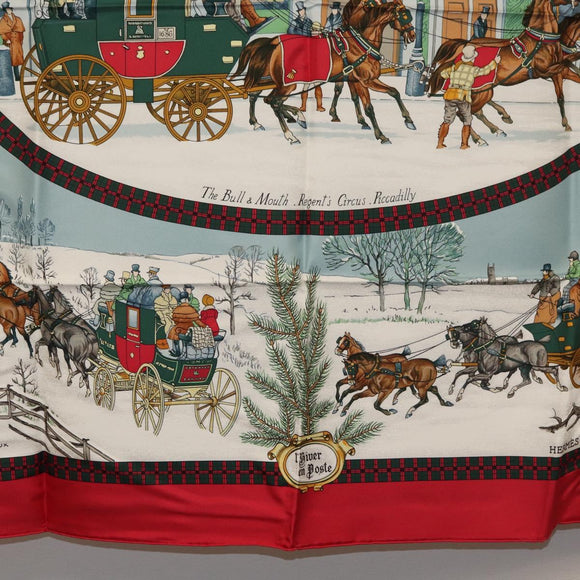 HERMES Carre 90 Scarf ""L'HIVER EN POSTE"" Silk Red Auth BA12838V