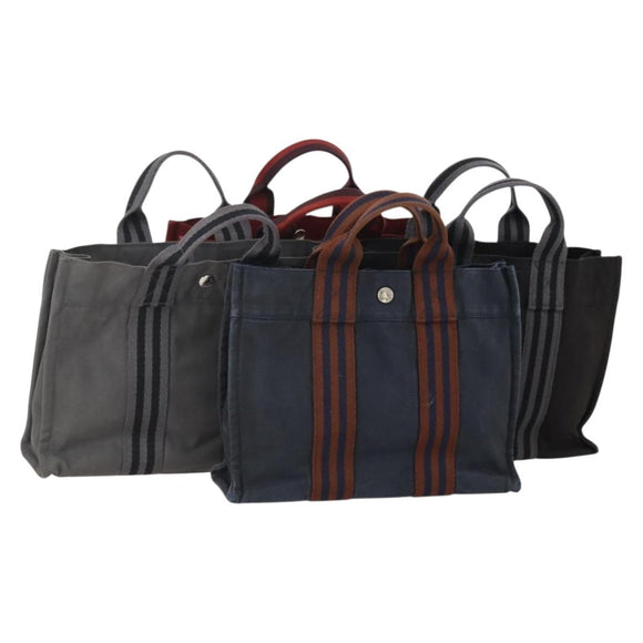 HERMES Fourre Tout PM Hand Bag Canvas 4 Set Gray Red Navy Auth BA12858